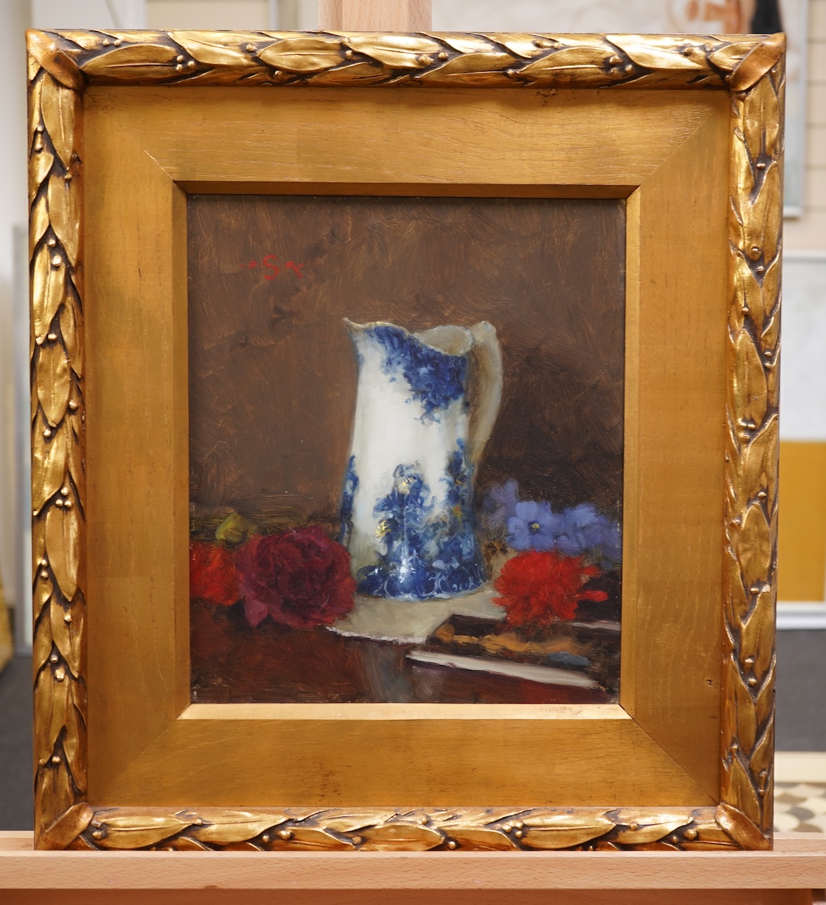 Paul Raymond Seaton, (b. 1953), Blue and white jug and flowers on a table top